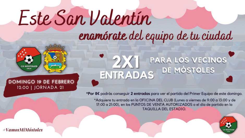 El club ha lanzado una promoción especial con motivo de la semana de San Valentín. El Cd Móstoles quiere que nos enamoremos del fútbol.