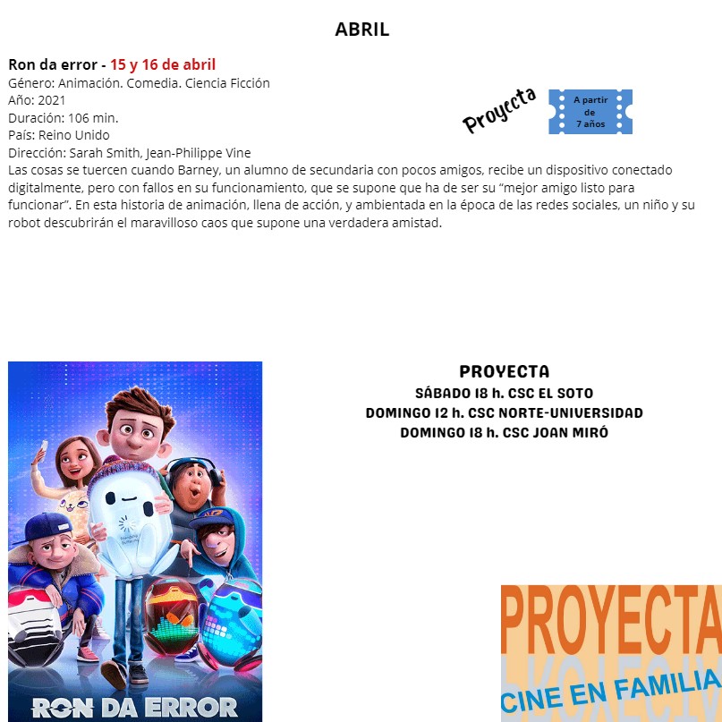 «Proyecta. Cine en familia» vuelve con nuevas películas para el mes de abril en Móstoles