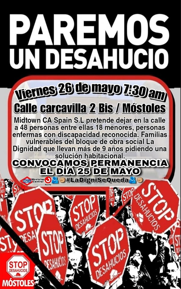 Stop Desahucios Móstoles convoca una concentración para evitar el desalojo de 18 familias