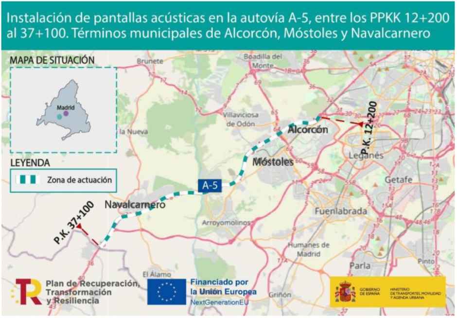 También en las ciudades de Alcorcón y Navalcarnero. El MITMA trabaja para minimizar los ruidos de la A-5 a su paso por Móstoles.
