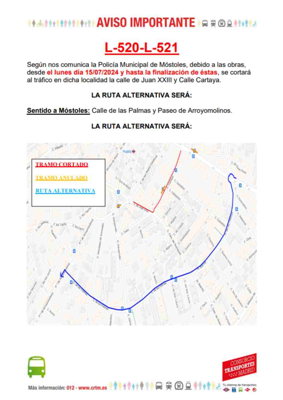 Cambio de ruta en los autobuses de Móstoles L-520 y L-521 por obras