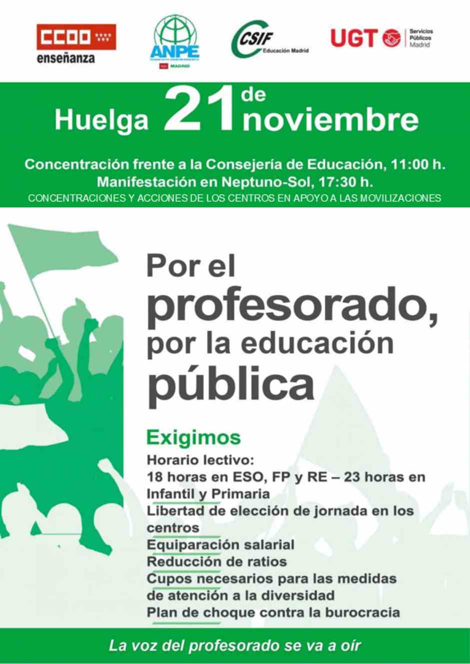 El próximo 21 de noviembre huelga en educación en Móstoles y toda la Comunidad de Madrid