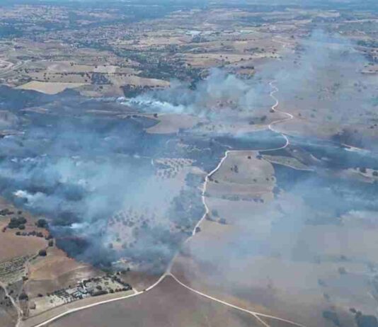 El incendio arrancó en torno a las 15:00 horas y ha pasado a situación operativa nivel 1. La densa columna de humo del incendio de Méntrida alcanza y es visible desde Móstoles.
