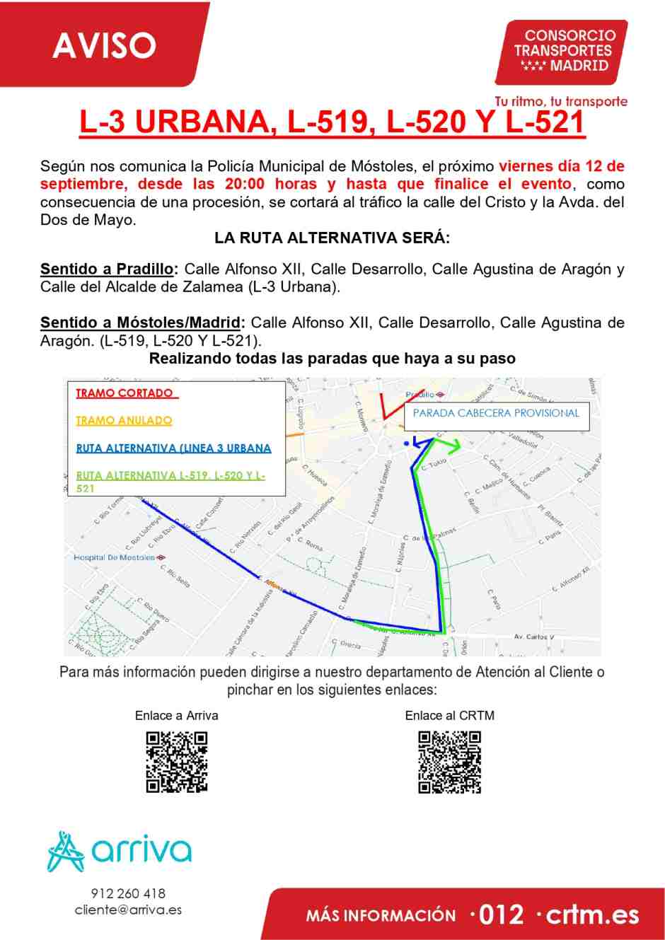 Cambios en los recorridos de las líneas de autobuses de Móstoles a causa de las Fiestas Patronales