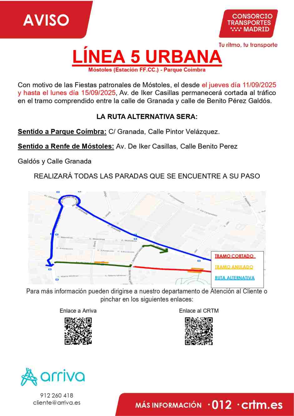 Cambios en los recorridos de las líneas de autobuses de Móstoles a causa de las Fiestas Patronales