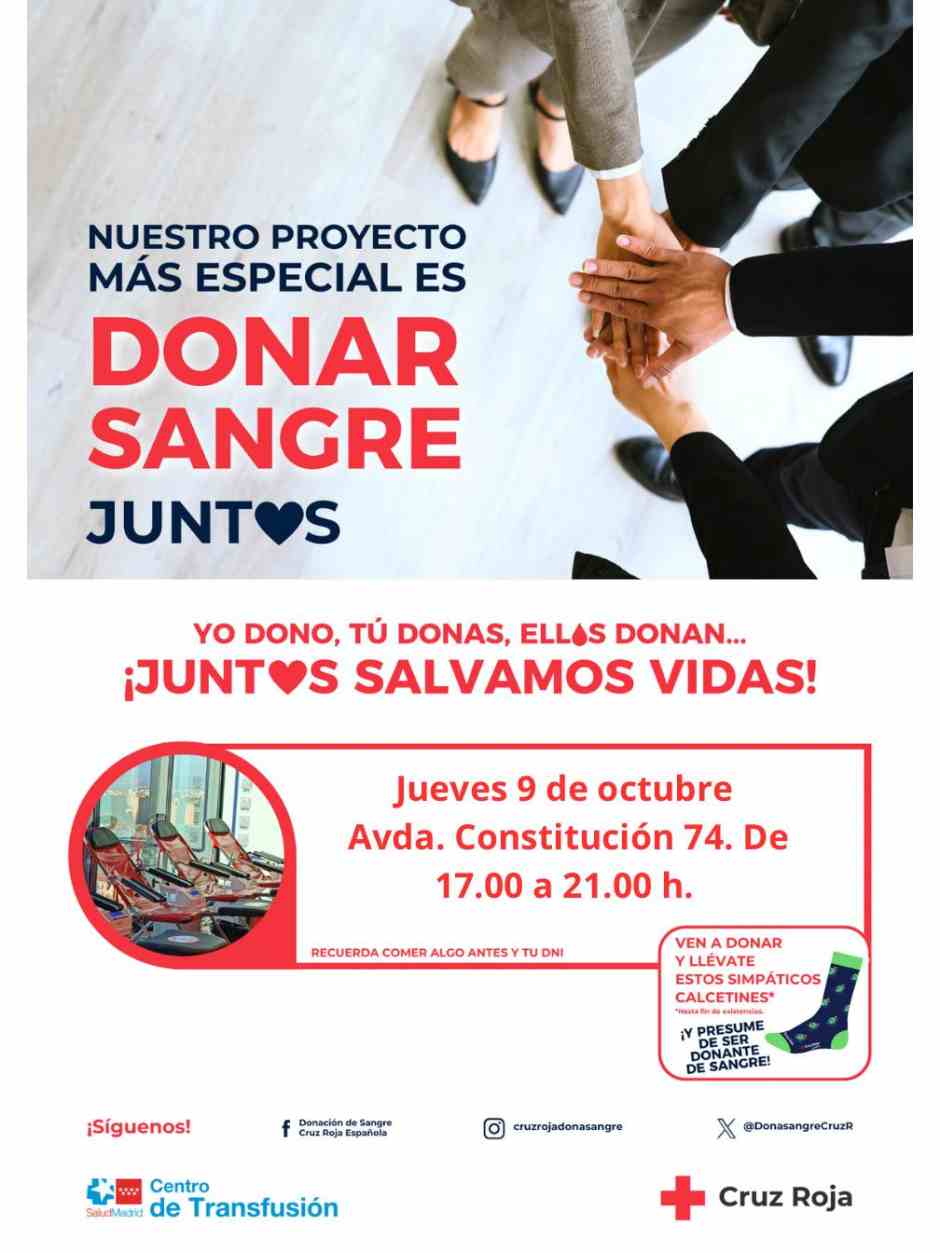 Este jueves desde las 17:00 horas podemos donar sangre en la Avenida de la Constitución 74. Esta tarde podemos salvar 3 vidas en Móstoles.
