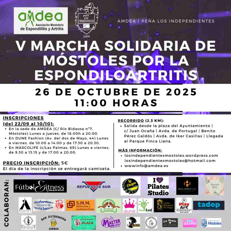 La cita es el día 26 de octubre y nos podemos inscribir hasta el 12 de octubre. Móstoles camina frente a la espondiloartritis en octubre.