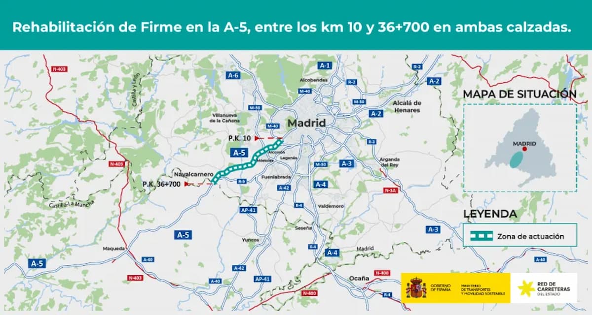 Nuevas obras en la A-5: adjudicada la reforma de la autovía entre Móstoles, Alcorcón y Navalcarnero