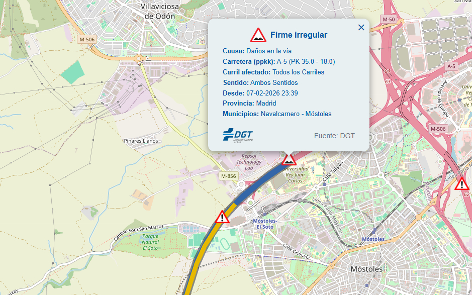 La DGT alerta del mal estado en la vía de la A-5 a la altura de Móstoles y pide precaución