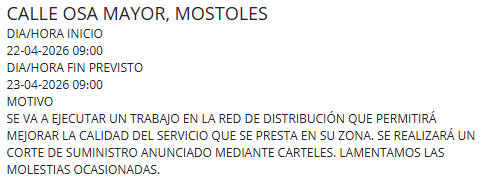 Será en la calle Málaga. Programado un nuevo corte de agua de un día de duración en Móstoles para este martes
