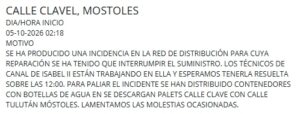 Cortes de agua en una zona de Móstoles: avería en la red y reparto de botellas